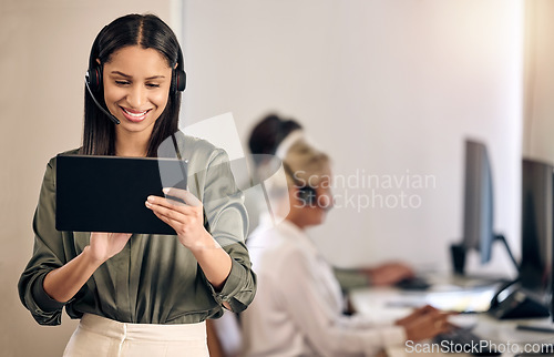 Image of Call center, woman and manager with a tablet, telemarketing and connection with digital planning, schedule for staff and typing. Female person, client service or supervisor with tech and tech support