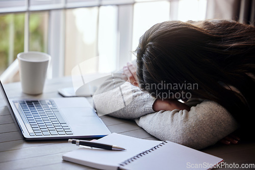 Image of Tired, remote work and a student sleeping at a desk with exam burnout, project and education stress. Study, busy and a female student with sleep after getting ready for a school course and learning