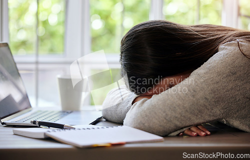 Image of Tired, planning and a woman sleeping at a desk with exam burnout, project and education stress. Home, busy and a female student with sleep after getting ready for a school course and learning