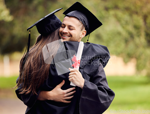 Image of Graduation, success and friends hugging outdoor on university campus at a celebration event. Education, certificate and hug with happy scholarship students cheering together as college graduates