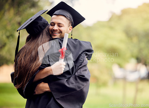 Image of Graduation, congratulations and friends hugging outdoor on university campus at a celebration event. Education, success and hug with happy scholarship students cheering together as college graduates