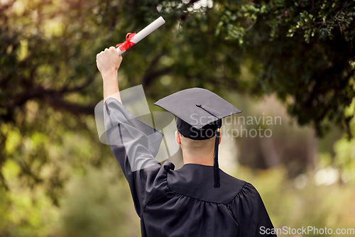 Image of Graduate, man celebrate and hands with degree and diploma at event outdoor with scholarship. Certificate, back and hand holding college paper with cheer, success and motivation with achievement