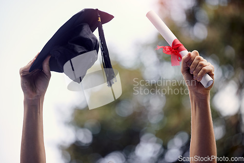 Image of Graduate, celebrate and hands with degree and diploma at event outdoor with scholarship. Certificate, hat and hand holding college paper with cheer, success and motivation with bokeh and achievement