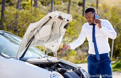 Image of Phone call, car accident and insurance with black man in nature for roadside assistance, safety and emergency. Stress, angry and transportation with driver and vehicle breakdown for motor and help