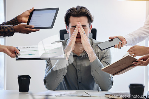 Image of Man, business and employee with stress, multitasking or chaos with crisis, deadline or schedule. Male person, consultant or agent with depression, anxiety or mistake with documents, audit or pressure