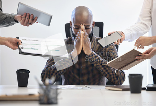 Image of Work stress, hands and tired black man in a meeting for planning with burnout from commitment. Mental health, paperwork and an African manager with fatigue from business problem and management tasks