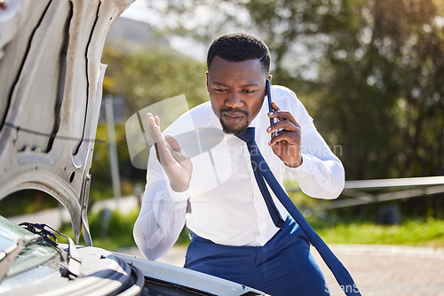 Image of Phone call, car insurance and frustrated with black man in nature for roadside assistance, safety and emergency. Stress, angry and transportation with driver and vehicle breakdown for motor and help