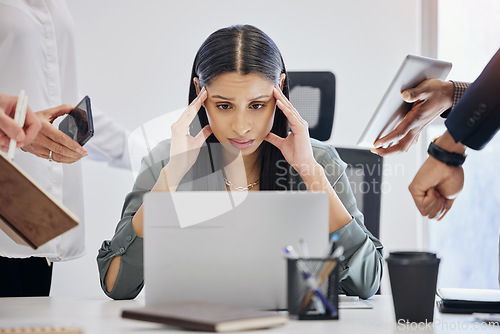 Image of Stress, multitask and an overwhelmed business woman at work on a laptop in her office for a deadline. Technology, burnout or anxiety with a young female employee feeling pressure from a busy schedule