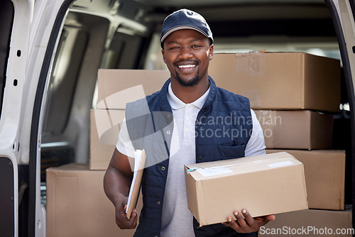 Image of Delivery man, transport and black man with a box and smile outdoor for shipping or courier service. Portrait of happy african person or driver with cardboard package at van from commercial supplier