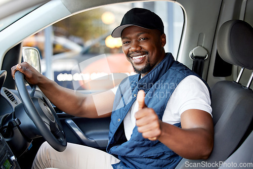 Image of Delivery guy, transport or man driving with thumbs up, shipping or courier service. Happy black person, portrait or driver for like, support emoji or hand sign in van, cargo vehicle or transportation