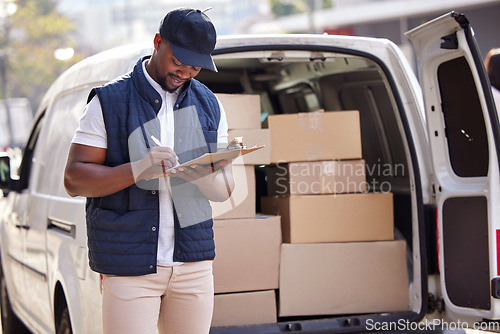 Image of Delivery guy, transport and black man writing on paper outdoor for shipping or courier service. Happy african person or driver with cardboard boxes or package form at van from commercial supplier