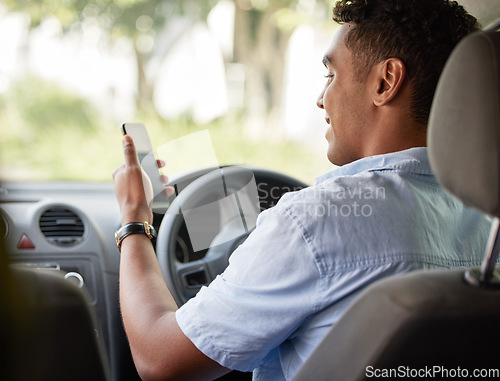 Image of Delivery man sitting in car with phone, smile and checking location, order or online map for logistics. Courier service, happy driver in van and internet connection on cellphone for logistic schedule