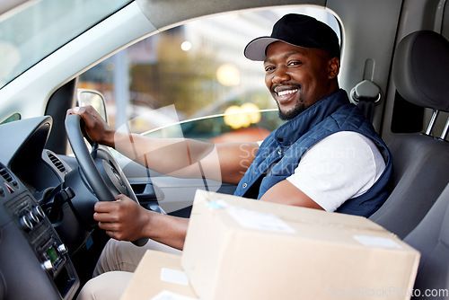 Image of Portrait, box and black man with a delivery, vehicle and happiness with ecommerce, logistics and shipping. Face, male person and employee with a package, car and retail item with courier and supplier