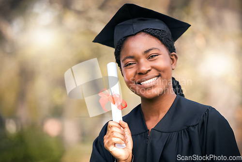 Image of Portrait, graduation or diploma with a student black woman on university campus at a scholarship event. Education, smile or certificate with a happy female pupil posing outdoor as a college graduate