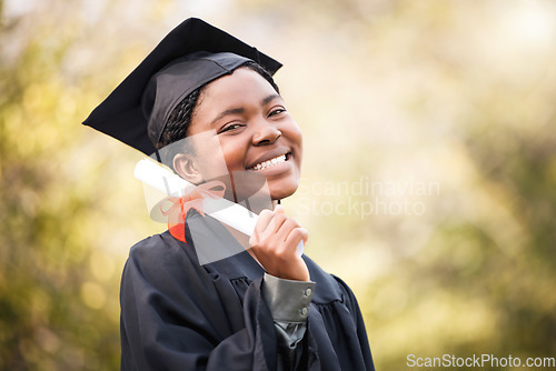 Image of Portrait, graduate or degree with a student black woman on university campus at a scholarship event. Education, smile or certificate with a happy female pupil standing outdoor for college graduation