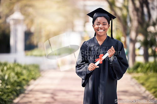 Image of Portrait, scholarship or certificate with a graduate black woman on university campus at a celebration event. Education, smile or mockup with a happy female pupil alone outdoor for college graduation