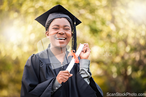 Image of Portrait, graduate or certificate with a student black woman on university campus at a scholarship event. Education, smile or degree with a happy female pupil standing outdoor for college graduation