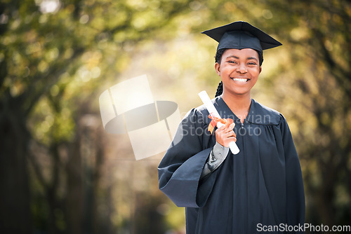 Image of Portrait, mockup or certificate with a graduate black woman on university campus at a scholarship event. Education, smile or degree with a happy female student standing outdoor for college graduation