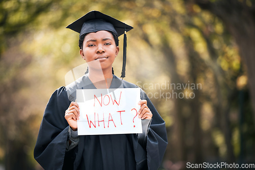 Image of Portrait, graduation or poster with a black woman in doubt as a student at a university event. Confused, question and a female college graduate standing on campus asking what now after scholarship