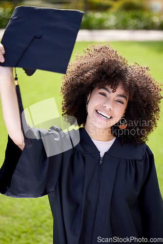 Image of Woman, smile in portrait with graduation cap and success, education qualification and achievement with happiness. Certificate, degree and diploma with female graduate, celebration and university