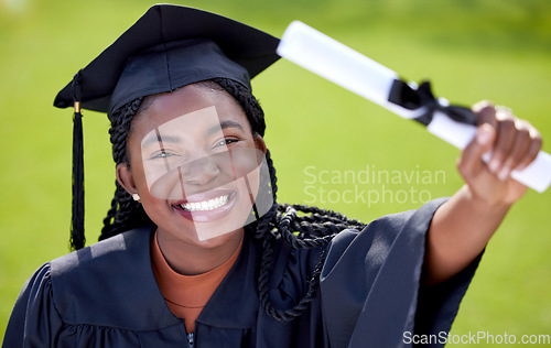 Image of Black woman, smile in portrait with diploma and graduation, education success and achievement with happiness. Certificate, degree and qualification with female graduate, celebration and university