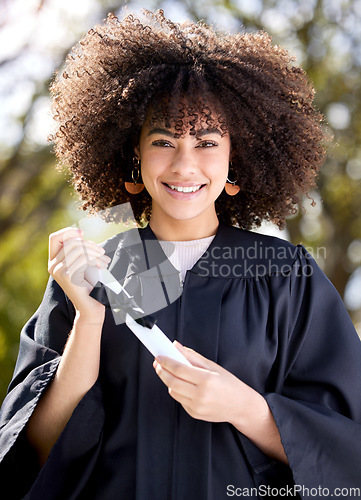 Image of Woman, happy in portrait with diploma and success, education qualification and achievement with happiness. Certificate, degree and academic win with female graduate smile, celebration and college
