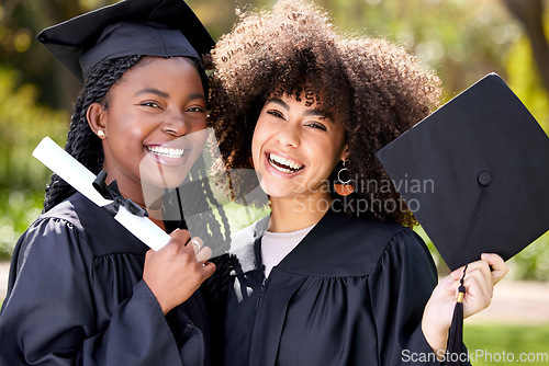 Image of Friends in portrait, graduation and university with achievement and women, education success and happy. Certificate, diploma and qualification, female people graduate college with happiness at event