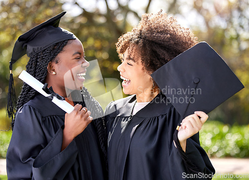 Image of Friends laugh together, graduation and women with success in education, happy with university achievement. Certificate, diploma and qualification, female people graduate college with happiness