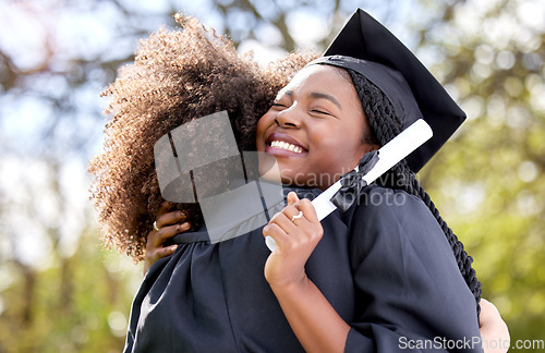 Image of Friends hug, graduation and university with achievement and women with degree, education success and happy outdoor. Certificate, diploma and female people graduate college with happiness and embrace