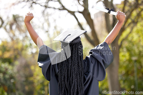 Image of Back, celebration and black woman outdoor, graduation and diploma with success, certificate and university. Female person, graduate and girl outside, event and degree with scholarship and achievement