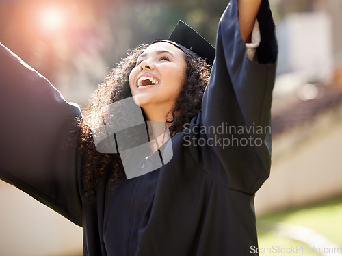 Image of Graduation, success and woman celebrate achievement of degree, diploma or certificate from university or college. Event, education and young person or graduate on campus excited for a scholarship