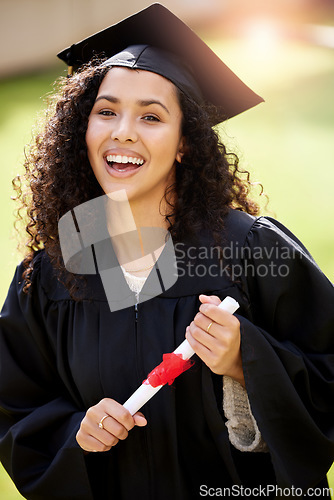 Image of University student, woman portrait and college degree with school achievement outdoor with smile. Female person, education certificate and campus with graduate and happiness from study success