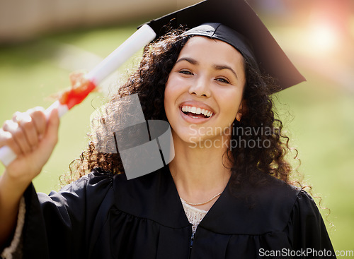 Image of University student, woman portrait and college graduate with school achievement outdoor with smile. Female person, education certificate and campus with degree and happiness from study success