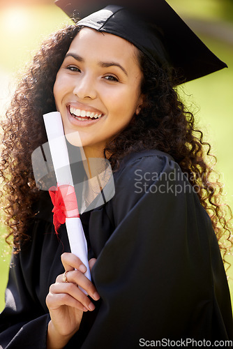 Image of University graduate, woman portrait and college paper with school achievement outdoor with smile. Female person, education certificate and campus with student and happiness from study success