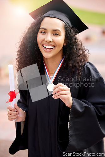 Image of University valedictorian, woman portrait and college degree with achievement with medal. Female person, education certificate and campus winner with class graduate and happiness from study success