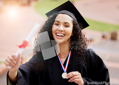 Image of University winner, woman portrait and graduate degree with school achievement outdoor with medal. Female person, education certificate and campus with college and happiness from study success