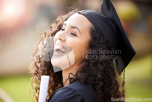 Image of University graduate, woman portrait and laugh with school achievement outdoor with smile and diploma. Female person, education certificate and campus with student and happiness from study success