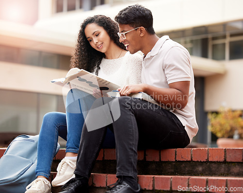 Image of Reading, university and man and woman with book on campus for learning, knowledge and studying. Education, friends and male and female students with textbook for information, research or college