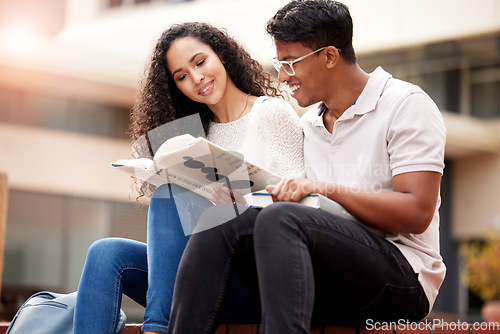 Image of Study, university and man and woman with book on campus for learning, knowledge and studying. Education, friendship and male and female students with textbook for information, research and college