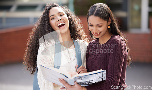 Image of Laugh, university and portrait of women with book on campus for learning, knowledge and studying. Education, friends and happy female students laugh with textbook for information, research or college