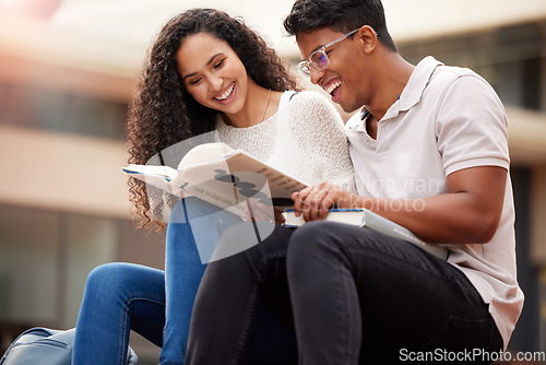 Image of Reading, university and students with book on campus for learning, knowledge and studying. Education, friends and man and woman reading textbook for information, research project and college lesson