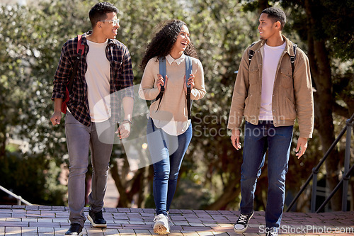 Image of Study, friends and learning with people on college campus for happy, scholarship and future. Education, university and diversity with students laughing at school for social, knowledge and academy