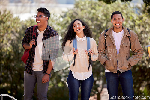 Image of Education, friends and happy with people on college campus for learning, scholarship and future. Study, university and diversity with students laughing at school for social, knowledge and academy