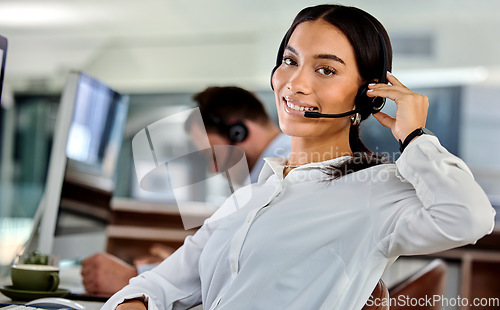 Image of Business woman, crm and portrait at a call center company with phone consultation and smile. Telemarketing, web consulting and customer service with contact us work of employee with internet help