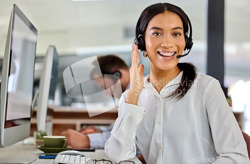 Image of Business woman, crm and happy portrait at a call center company with phone consultation and smile. Telemarketing, consulting and customer service with contact us work of employee with internet help
