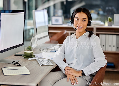 Image of Business woman, contact us and portrait at a call center company with phone consultation and smile. Telemarketing, web consulting and customer service with crm work of employee with internet help