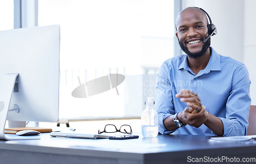 Image of Black man, call center portrait and phone consultation with web support and mockup in office. Computer help, contact us and telemarketing job of a African male employee with communication at work