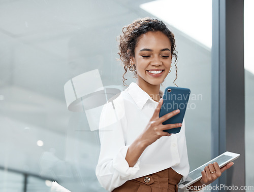 Image of Professional, woman and tablet with mobile phone at a company is typing a conversation on the internet. Female person, business and communication with tech for entrepreneurship at the office.