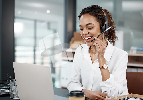 Image of Call center, telemarketing and woman with a smile, help and advice with customer service, laptop or talking. Female person, consultant or agent with a headset, tech support or consulting in an office