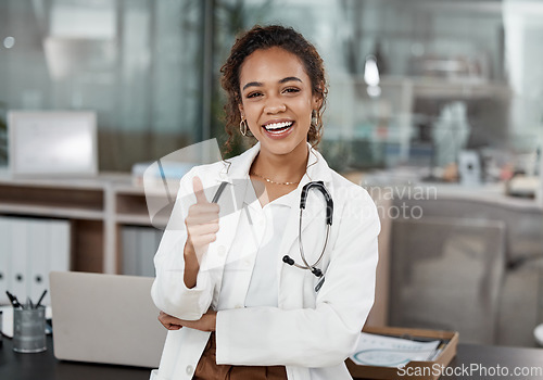 Image of Doctor, woman and thumbs up portrait with motivation and hospital success at clinic. Thank you, medical and healthcare professional with a smile from agreement, emoji and yes hand sign from wellness